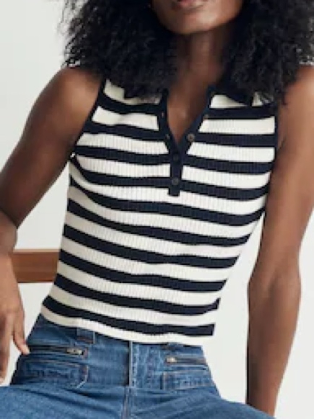 Madewell Striped Knit Polo Sweater Top Navy & Ivory Academia Preppy Large